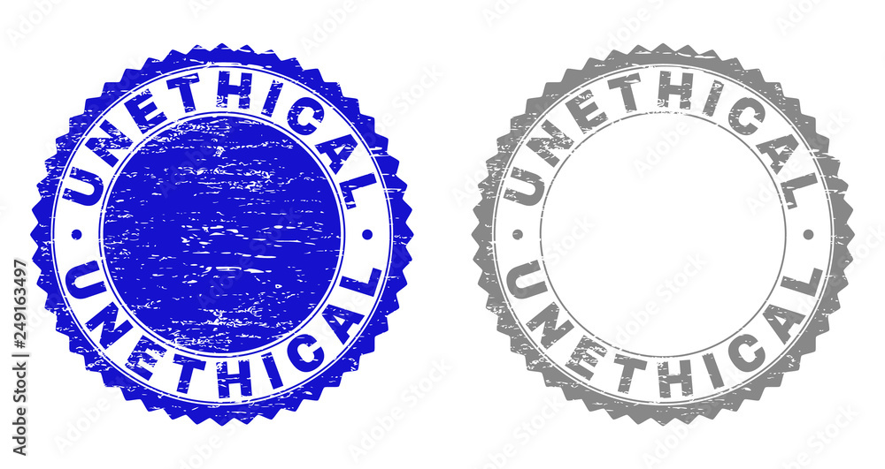 Grunge UNETHICAL stamp seals isolated on a white background. Rosette seals with grunge texture in blue and grey colors. Vector rubber stamp imprint of UNETHICAL label inside round rosette.