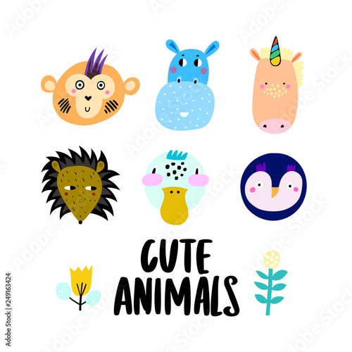Set of cute animal faces - penguin, monkey, unicorn, porcupine, duck and hedgehog. Vector Illustration.