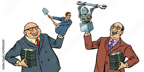 People against robots war for the workplace. Manipulation of politicians isolate on white background