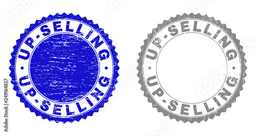 Grunge UP-SELLING stamp seals isolated on a white background. Rosette seals with grunge texture in blue and grey colors. Vector rubber stamp imprint of UP-SELLING title inside round rosette.