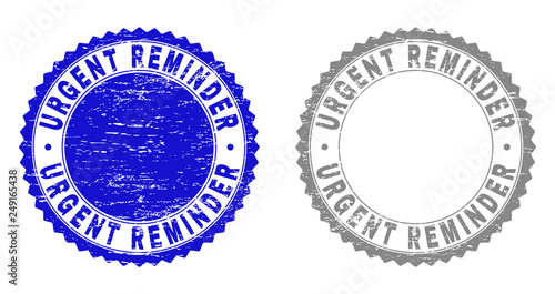 Grunge URGENT REMINDER stamp seals isolated on a white background. Rosette seals with grunge texture in blue and gray colors. Vector rubber stamp imprint of URGENT REMINDER label inside round rosette.