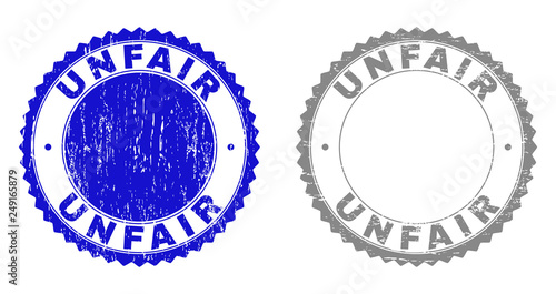 Grunge UNFAIR stamp seals isolated on a white background. Rosette seals with grunge texture in blue and grey colors. Vector rubber stamp imprint of UNFAIR text inside round rosette.