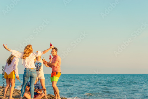 Group of friends on the beach play