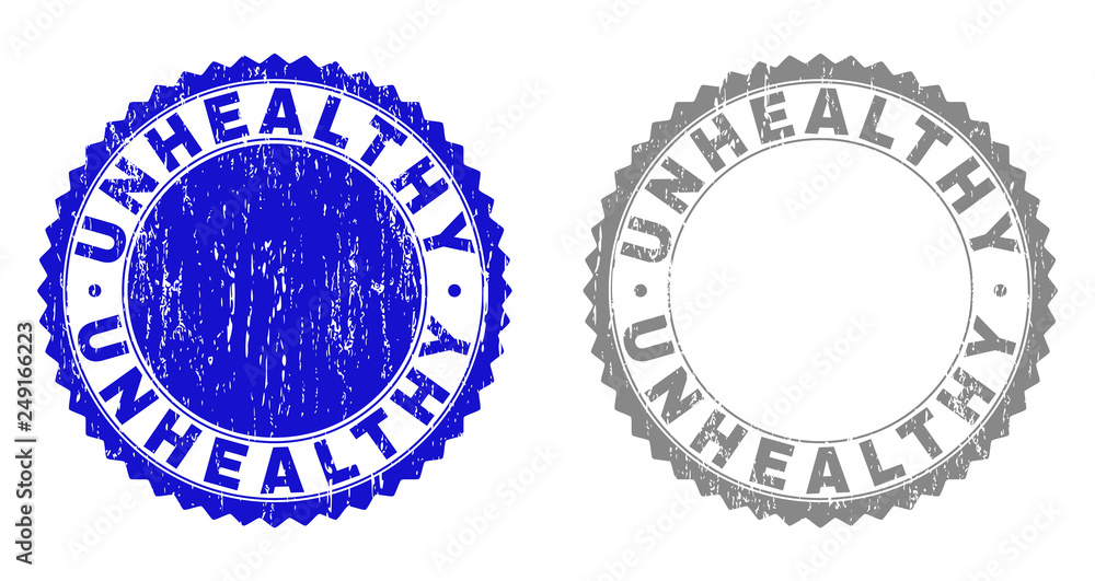 Grunge UNHEALTHY stamp seals isolated on a white background. Rosette seals with grunge texture in blue and grey colors. Vector rubber stamp imprint of UNHEALTHY tag inside round rosette. Grunge UNHEALTHY stamp seals isolated on a white background. Rosette seals with grunge texture in blue and grey colors. Vector rubber stamp imprint of UNHEALTHY tag inside round rosette.