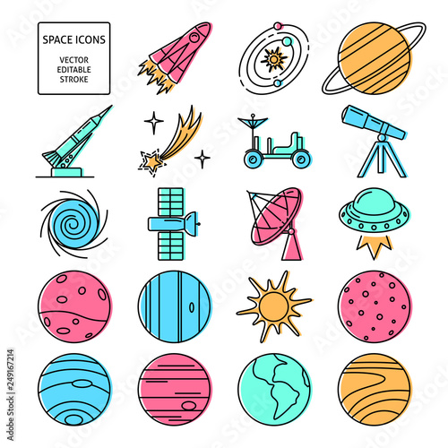 Space icons set in thin line style