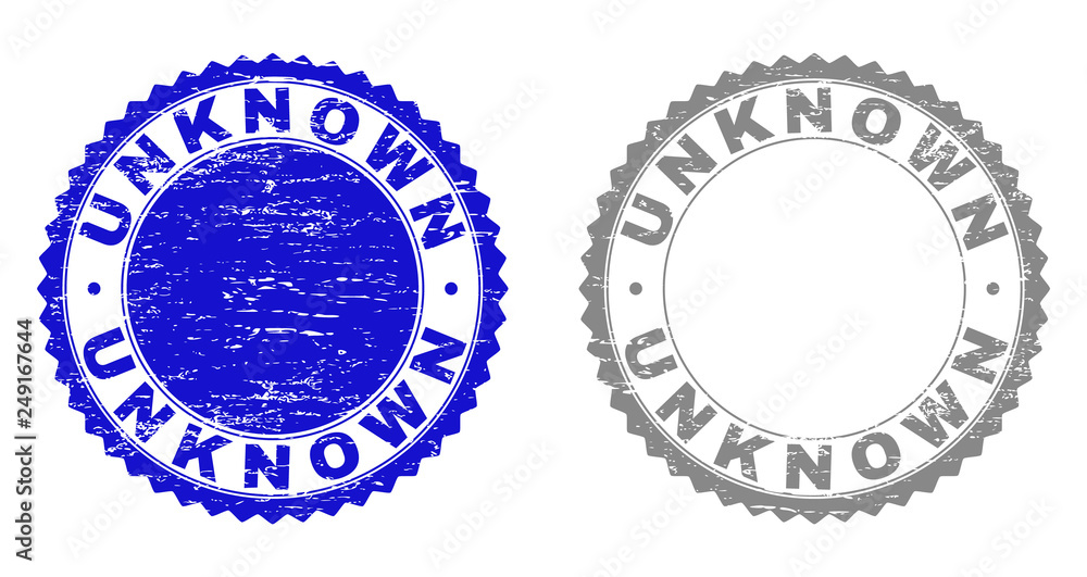 Grunge UNKNOWN stamp seals isolated on a white background. Rosette seals with grunge texture in blue and grey colors. Vector rubber overlay of UNKNOWN text inside round rosette.