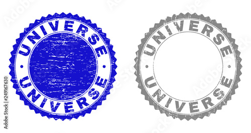 Grunge UNIVERSE stamp seals isolated on a white background. Rosette seals with grunge texture in blue and gray colors. Vector rubber stamp imitation of UNIVERSE text inside round rosette.