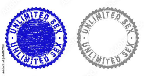 Grunge UNLIMITED SEX stamp seals isolated on a white background. Rosette seals with grunge texture in blue and gray colors. Vector rubber stamp imitation of UNLIMITED SEX text inside round rosette.