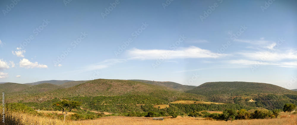 Mountains in Guerrero. The Sierra Madre del Sur on a bright sunny afternoon. Rural landscape near Ixcateopan. Travel in Mexico. Panorama.
