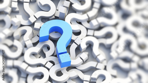 Blue question mark on a background of white signs. 3D Rendering