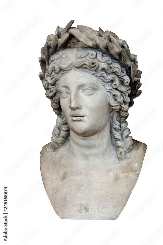 The ancient marble roman statue god of light, music and harmonygod Apollo. He is the son of Zeus and Fly, one of the Olympic gods. Isolated on white background.