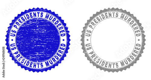 Grunge US PRESIDENTS MURDERED stamp seals isolated on a white background. Rosette seals with grunge texture in blue and gray colors.