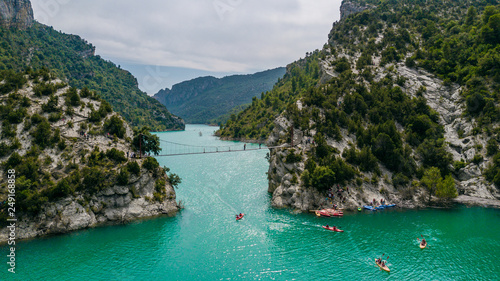 Aerial view of the Congost de Mont-rebei gorge and kayakers in Catalonia, Spain