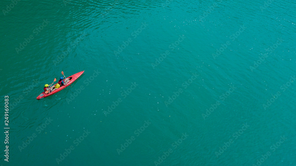 Kayakers aerial view in summer Kayakers aerial view in summer