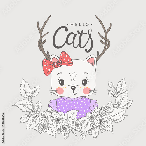 Cute cat girl with deer horns, spring blossom. Hello Cats slogan