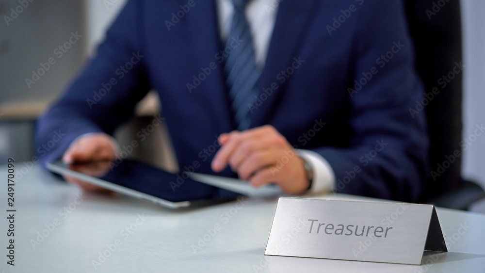 Young treasurer using tablet pc, calculating company finance and revenue, profit Young treasurer using tablet pc, calculating company finance and revenue, profit