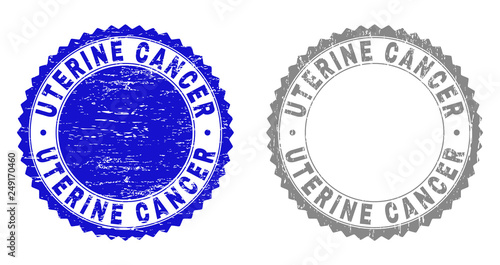 Grunge UTERINE CANCER stamp seals isolated on a white background. Rosette seals with grunge texture in blue and grey colors. Vector rubber stamp imitation of UTERINE CANCER tag inside round rosette.