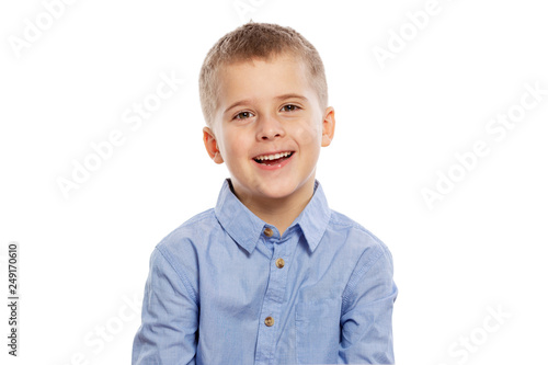 The boy laughs, close-up, isolated on white background