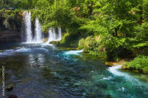 The scenic lush green park surrounds the gorge with Upper Duden Waterfall, the popular tourist place, Antalya, Turkey.