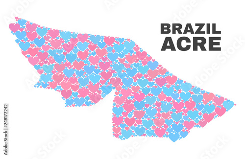 Mosaic Acre State map of love hearts in pink and blue colors isolated on a white background. Lovely heart collage in shape of Acre State map. Abstract design for Valentine decoration.