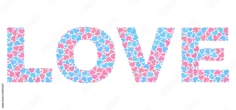 LOVE caption constructed with scattered pink and blue lovely hearts. Text caption is isolated on a white background. Vector collage LOVE for Valentine illustrations. LOVE caption constructed with scattered pink and blue lovely hearts. Text caption is isolated on a white background. Vector collage LOVE for Valentine illustrations.