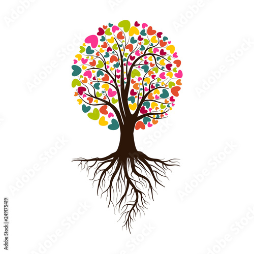Valentine tree, love, leaf from hearts. Tree with roots. Isolated on white background. Vector Illustration