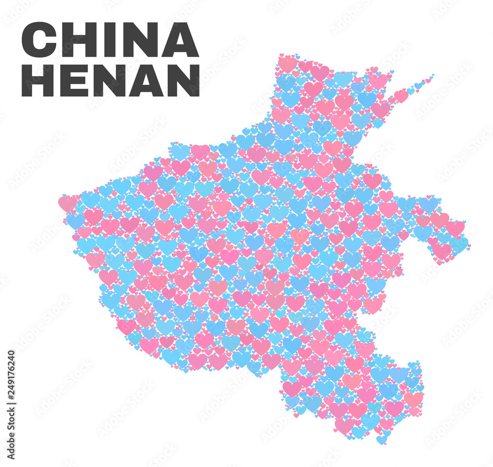 Mosaic Henan Province map of lovely hearts in pink and blue colors isolated on a white background. Lovely heart collage in shape of Henan Province map. Abstract design for Valentine decoration.