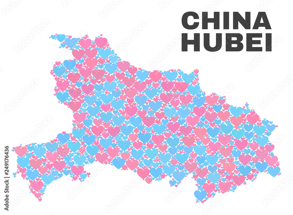 Mosaic Hubei Province map of lovely hearts in pink and blue colors isolated on a white background. Lovely heart collage in shape of Hubei Province map. Abstract design for Valentine illustrations.
