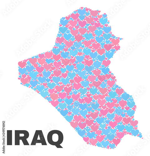 Mosaic Iraq map of lovely hearts in pink and blue colors isolated on a white background. Lovely heart collage in shape of Iraq map. Abstract design for Valentine decoration.