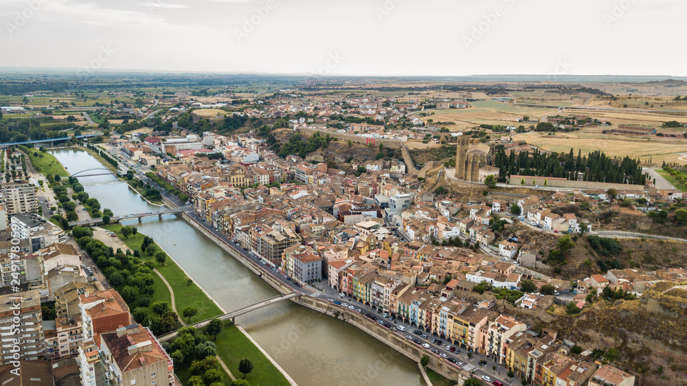 Aerial view of Balaguer with the river Segre, La Noguera, (Province of Lleida, Catalonia, Spain)