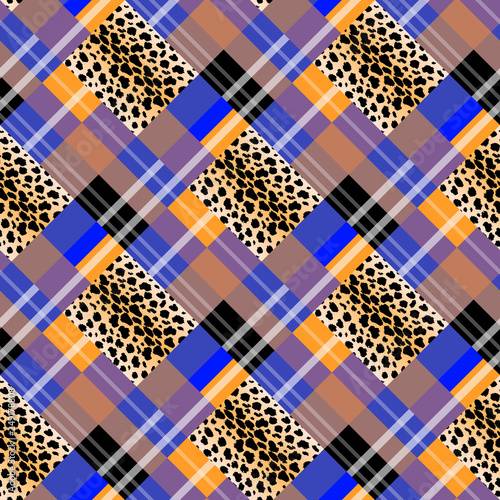 Scottish tartan grunge seamless pattern leopard spots. tartan with leopard style. eps10.