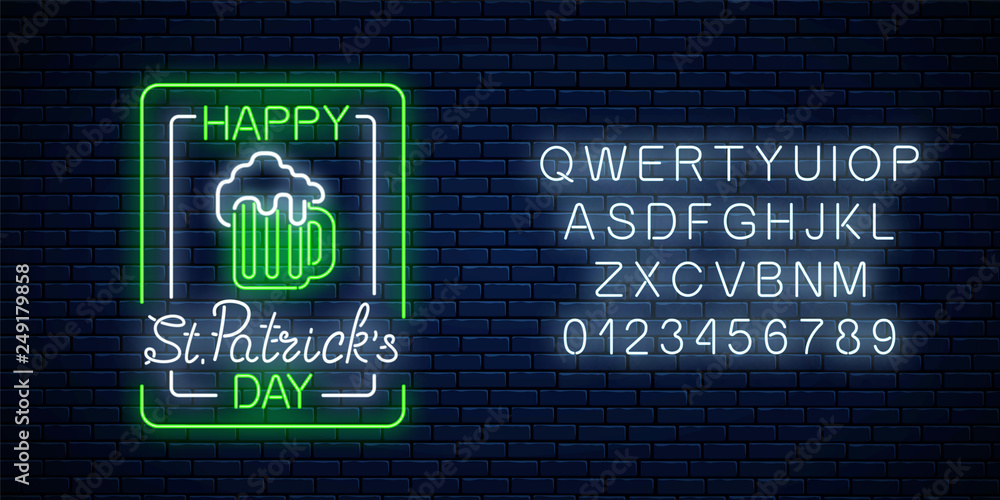 Glowing neon green beer pub with celebrating saint patrick day signboard in rectangle frames with alphabet Glowing neon green beer pub with celebrating saint patrick day signboard in rectangle frames with alphabet