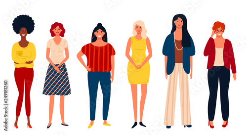 Diverse international group of standing happy women or girls. Flat cartoon characters isolated on white background.