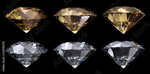 Gloden yellow, clear round cut diamonds, side view, various camera angles, isolated on black background.