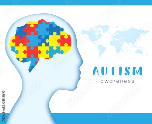 Wallpaper Mural World autism awareness day. Brains with colorful puzzles. Child. Face. Vector background. Symbol of autism. Medical flat illustration. Health care Torontodigital.ca