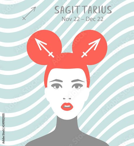 Sagittarius zodiac sign. Girl vector illustration. Astrology zodiac profile. Astrological sign as a beautiful women. Future telling, horoscope, alchemy, spirituality, occultism, fashion