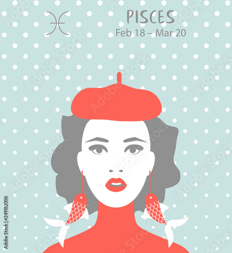 Pisces zodiac sign. Girl vector illustration. Astrology zodiac profile. Astrological sign as a beautiful women. Future telling, horoscope, alchemy, spirituality, occultism, fashion