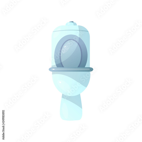 Close-up front view of white ceramic toilet with raised toilet seat isolated on white background