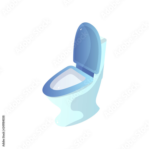 Close-up volume image of white ceramic toilet with opened blue toilet lid isolated on white background