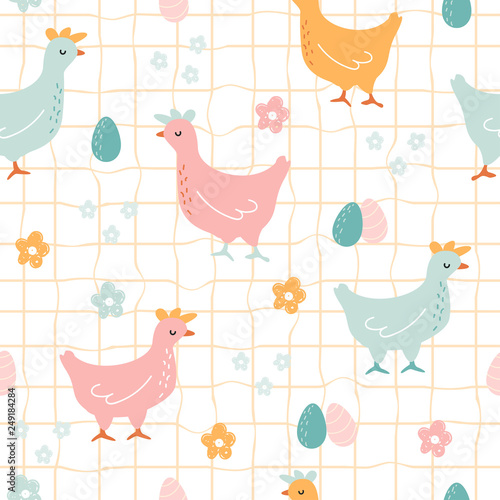 Seamless pattern with hens and eggs. Pastel Easter print. Vector hand drawn illustration.