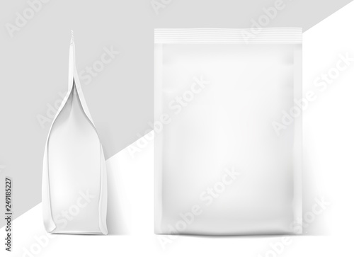 Food bags mockup. Front and side view. Vector illustration. Can be use for template your design, presentation, promo, ad. Taking your 2D designs into 3D. EPS10.	