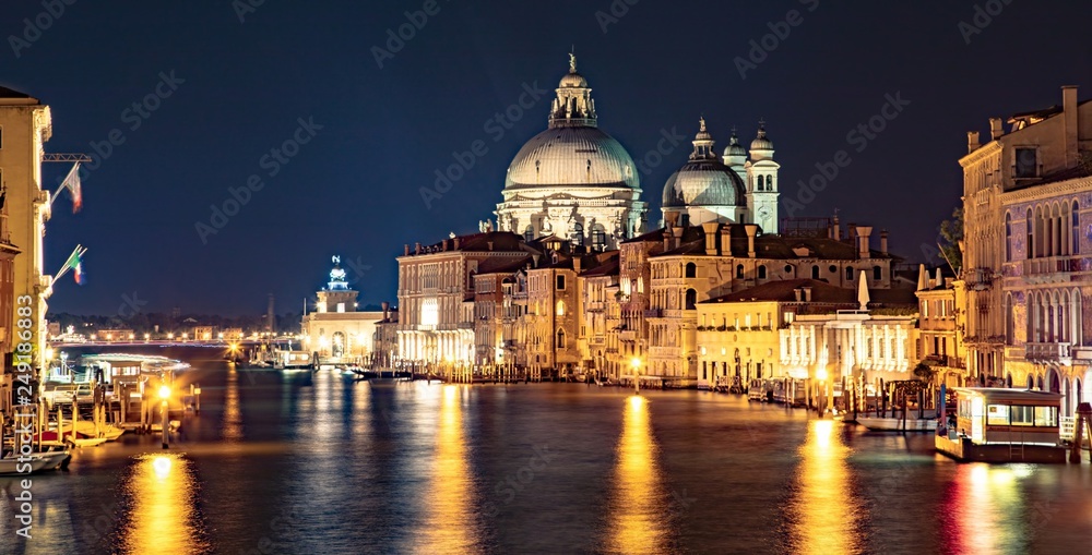 Italy beauty, night cathedral Santa Maria della Salute on Grand canal in Venice, Venezia