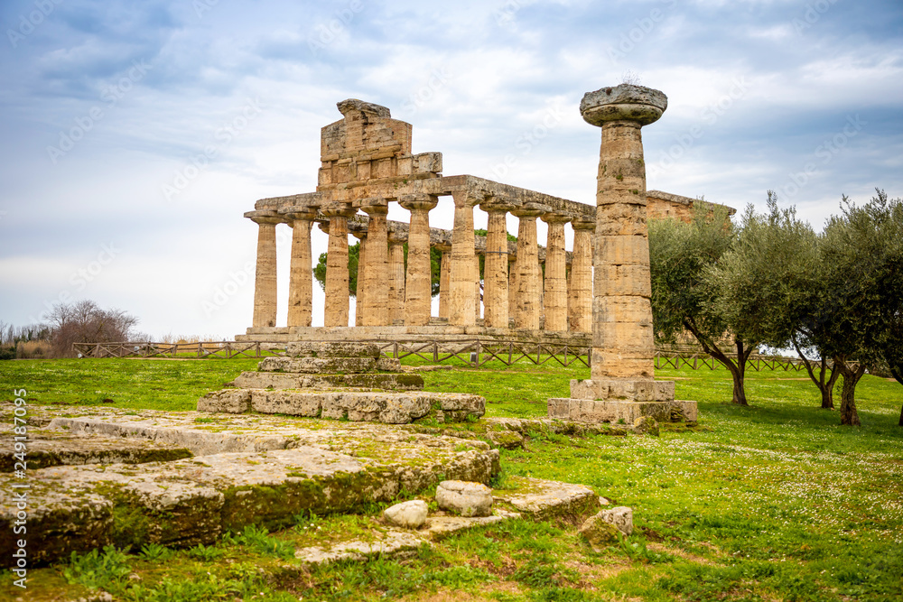 Old ruins of Athena Temple in paestum, Italy