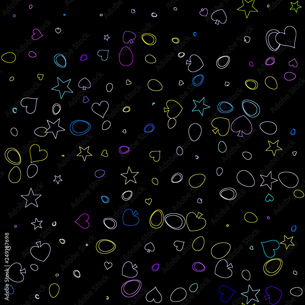 Colorful hearts, stars and circles on black background, seamless pattern