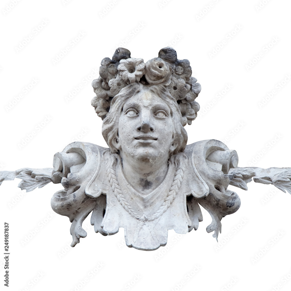 The goddess of love in Greek mythology, Aphrodite (Venus in Roman mythology) Fragment of ancient stone statue isolated on white background.