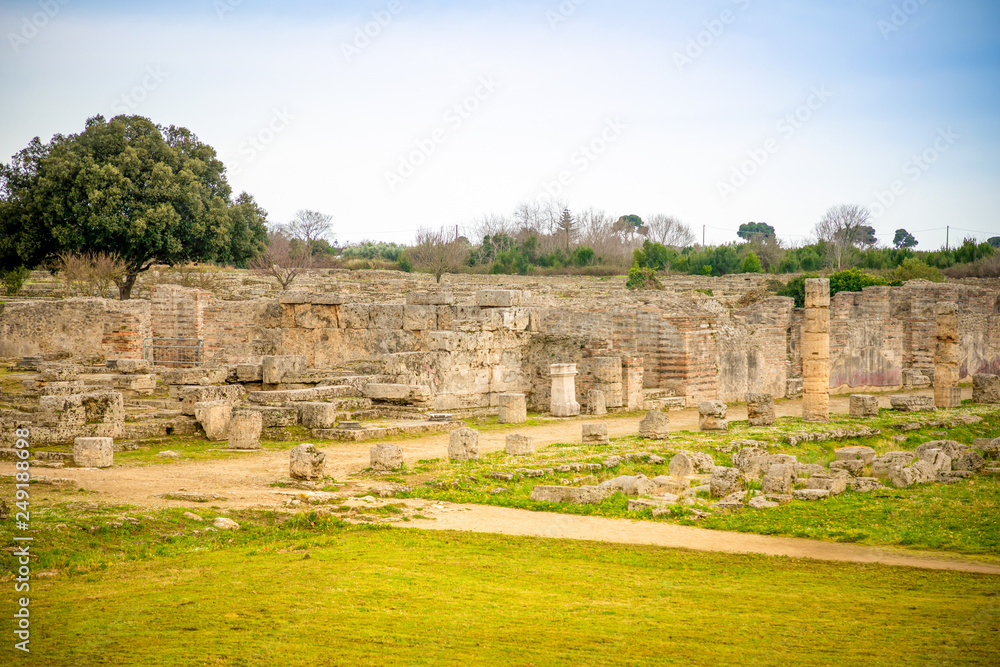 Old ruins of ancient Greek city in Paestum, Italy