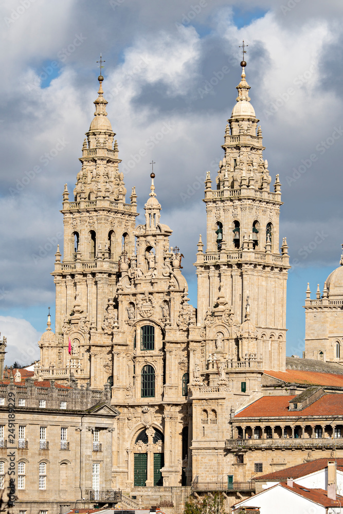 Cathedral of Santiago de Compostela with a new restored facade. Baroque facade architecture. Pilgrimage destiny of St. James way Santiago Galicia Spain