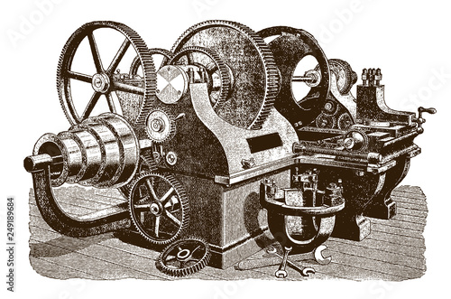 Antique pulley lathe machine, after engraving from 19th century