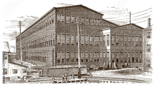 Exterior view of a boiler and blacksmith building of a historical factory, after engraving from 19th century