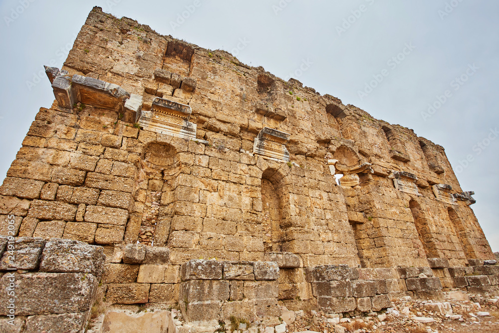 View of the basilica ruins in ancient Greco-Roman city Aspendos near Antalya